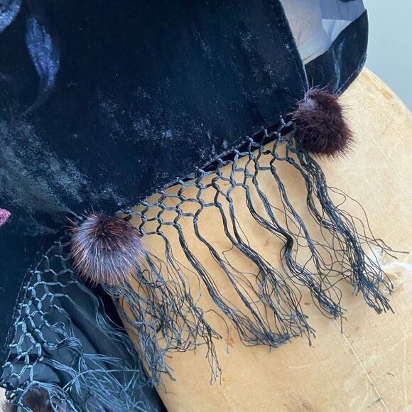 Mitchie’s Velvet Devore Floral Shawl with Rabbit Fur, 1920s-Inspired - Picture 2 of 7